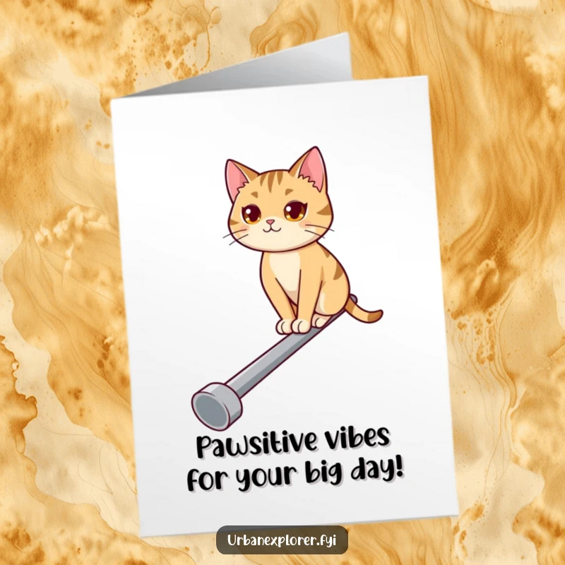 Funny Free Printable Birthday Card featuring a determined cat balancing on a pipe, ready for birthday fun. A hilarious downloadable greeting.
