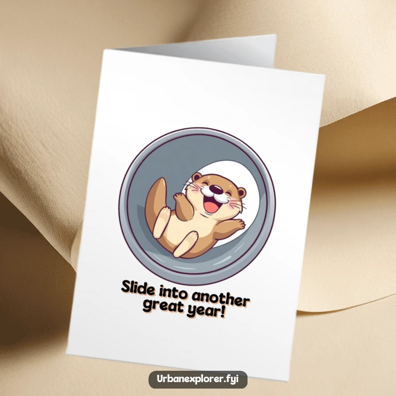 Funny Free Printable Birthday Card: Joyful otter grinning while sliding down a drainage pipe, celebrating with wild abandon.