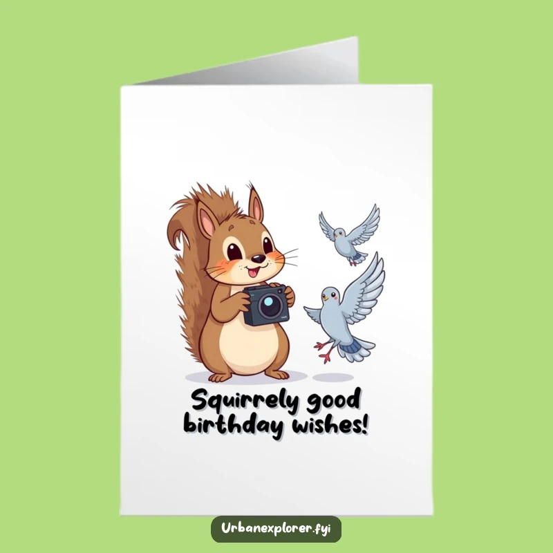 Funny Free Printable Birthday Card: Squirrel Photographer Captures Pigeon Fun, Downloadable Gift