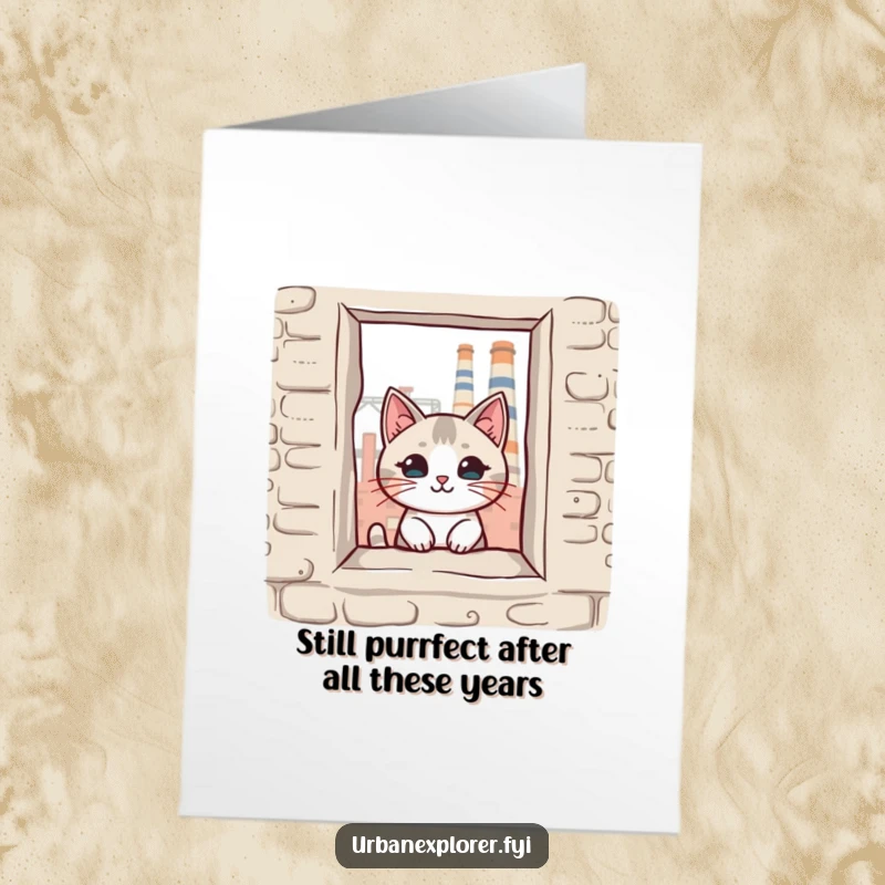 Funny Free Printable birthday card: Kawaii cat peeking mischievously through a broken factory window, offering a unique DIY greeting.