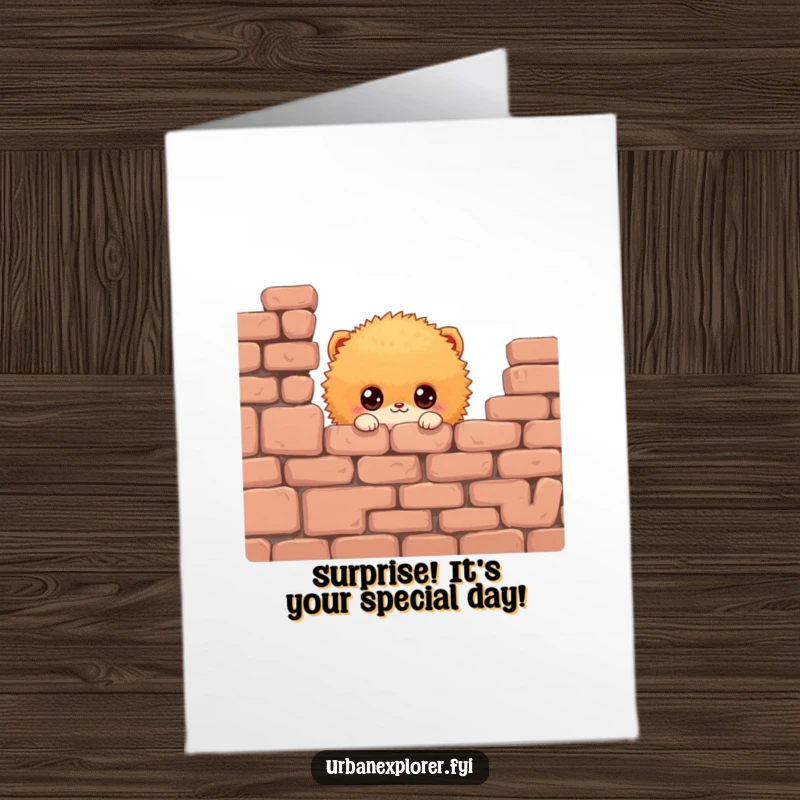 Funny Free Printable Birthday Card: Small orange fluffy creature with big eyes peeking from wall. A cute and downloadable greeting.