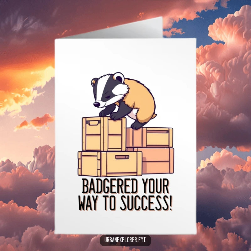 Funny Free Printable Badger Congratulations Card: Determined badger climbs stacked crates, achieving a goal.