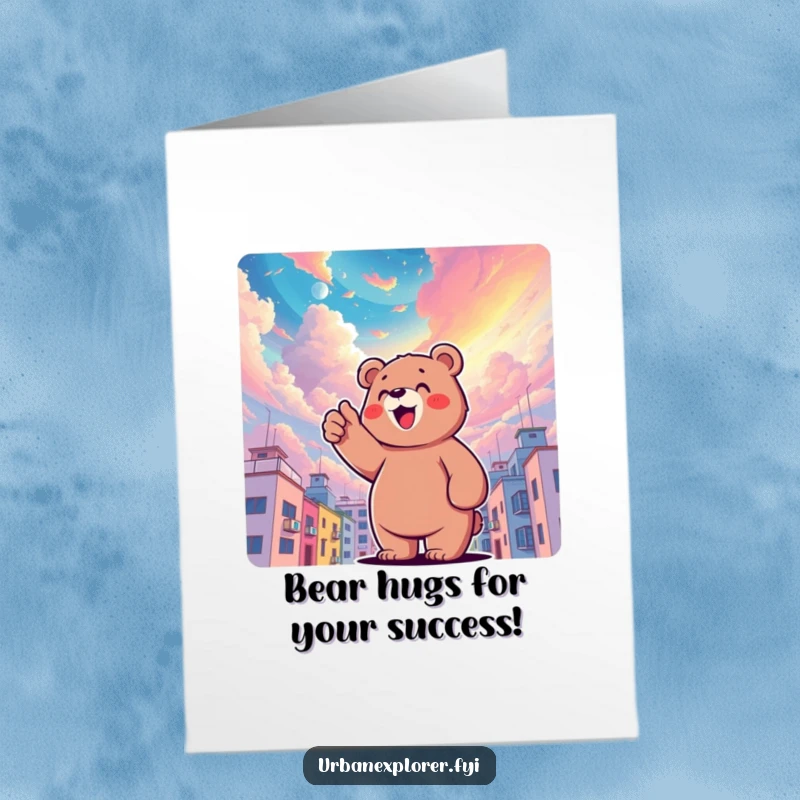 Funny Free Printable Bear Congratulations Card: Delighted bear points up at surreal colorful sky above buildings, celebrating.