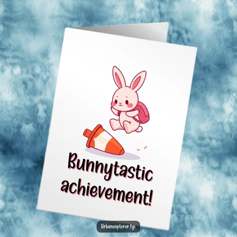 Funny Free Printable Congrats Card: Pink bunny with backpack jumps over a traffic cone, signifying victory.