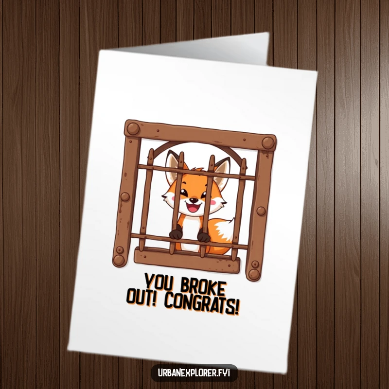 Funny Free Printable Congrats Card: A brave fox with an excited grin peeks through barred window, celebrating a breakthrough achievement.