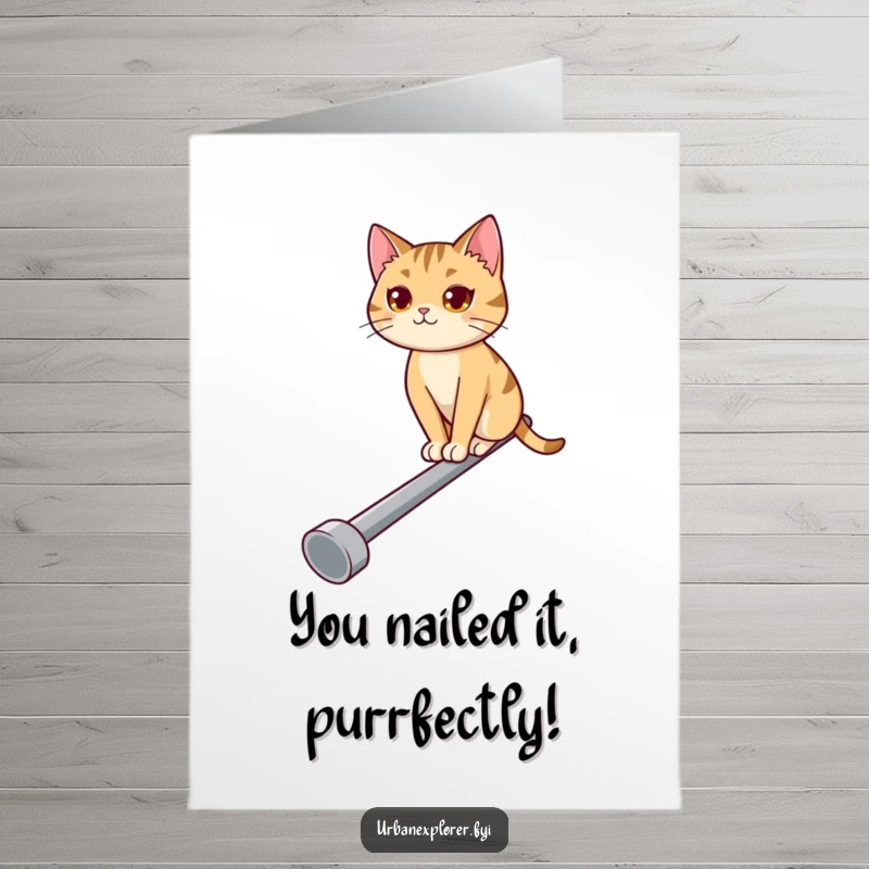 Funny Free Printable Congratulations Card showing a determined cat balancing on a pipe, celebrating success. A hilarious downloadable gift.