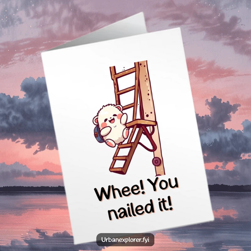 Free Printable Congrats Card: Fluffy creature with backpack gleefully sliding down a rusty fire escape.