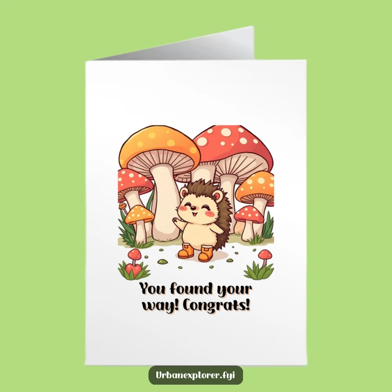 Free Printable Congrats Card: Hedgehog Mushroom Triumph - Humorous Downloadable Celebration Gift