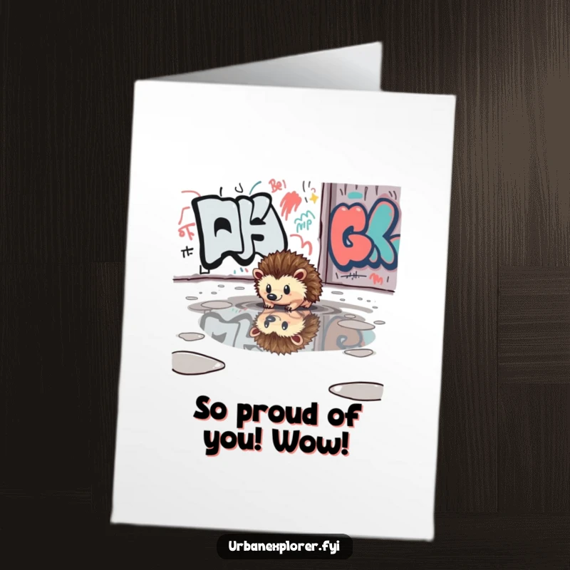 Free Printable Congrats Card: Curious hedgehog reflected in a puddle near a graffiti-covered wall.