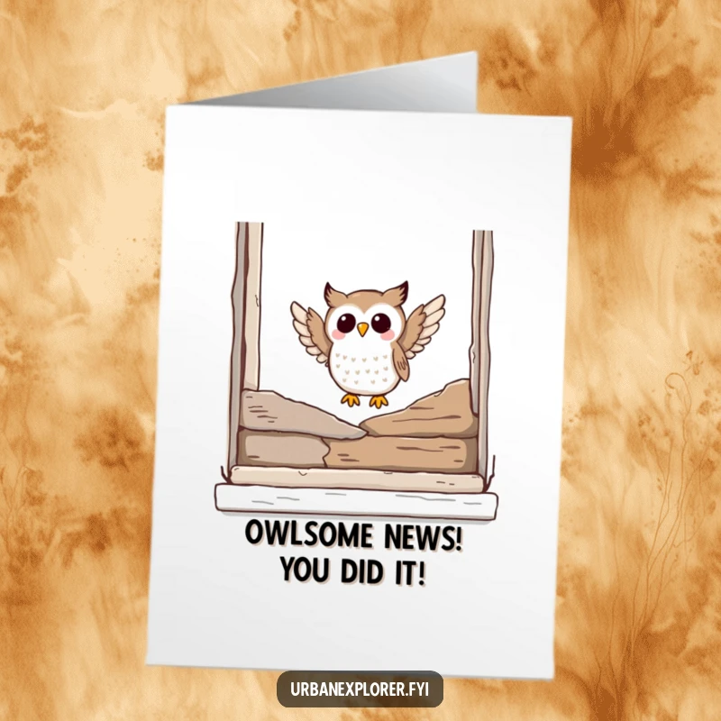 Funny Free Printable Congratulations Card showing a joyful owl landing on a window ledge, celebrating good news with charm.