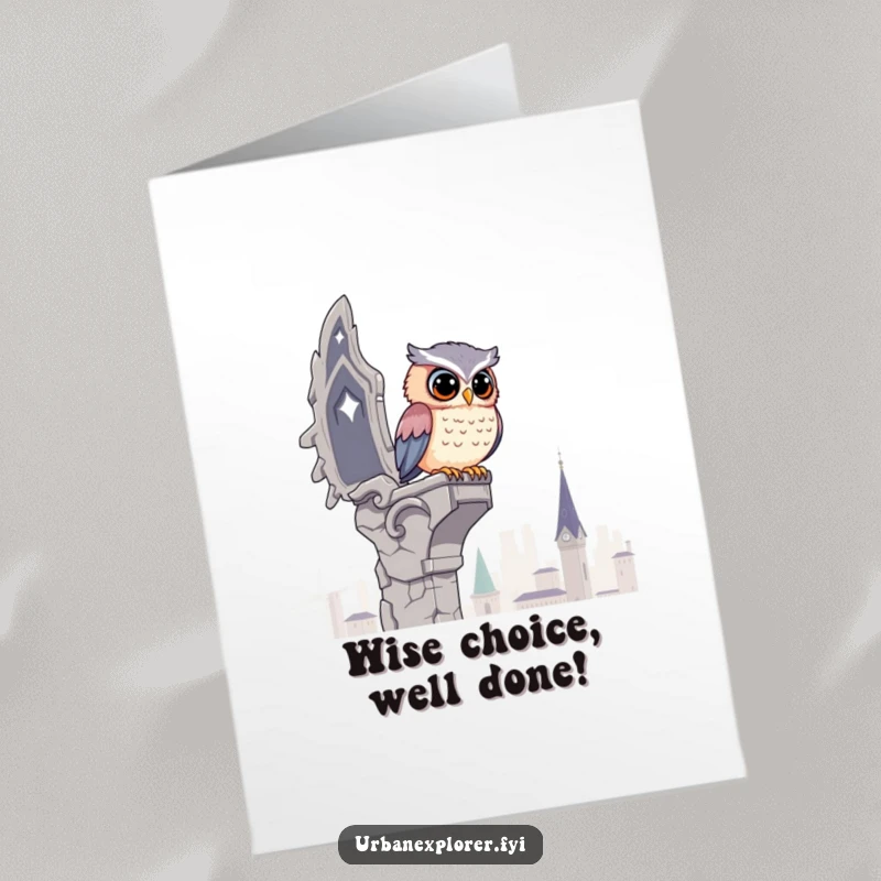Funny Free Printable Congratulations Card: A kawaii owl sits perched on a crumbling gargoyle, surveying the city below with wisdom.