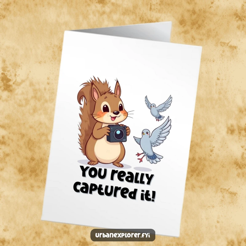Funny Free Printable Congratulations Card: Squirrel photographer with camera celebrates a pigeon's airborne achievement, perfect for congratulations.