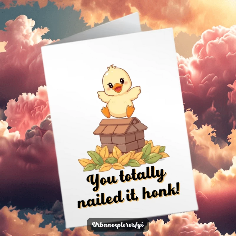 Funny Free Printable Congratulations Card: Smiling duckling leaping onto leaves, celebrating success humorously.