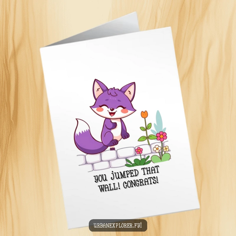 Funny Free Printable Congratulations Card with a determined purple fox scaling a wall, celebrating success with humor.