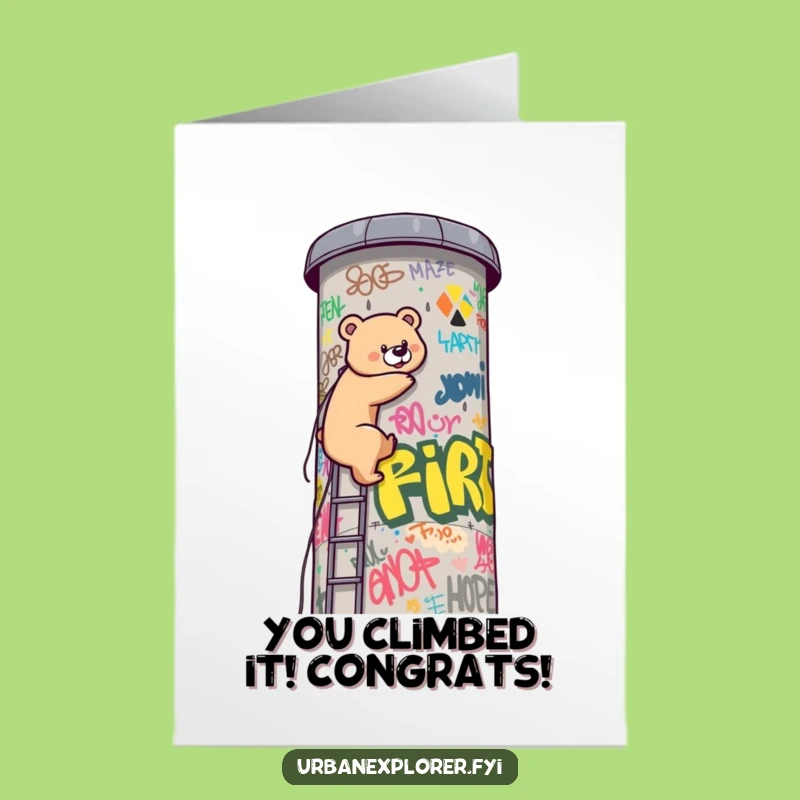 Free Printable Kawaii Bear Climbing Tower, Funny Congratulatory Card Download
