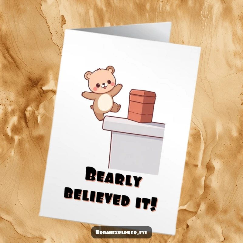 Funny Free Printable Congratulations Card: A kawaii bear teeters on a rooftop edge, cheering for success.