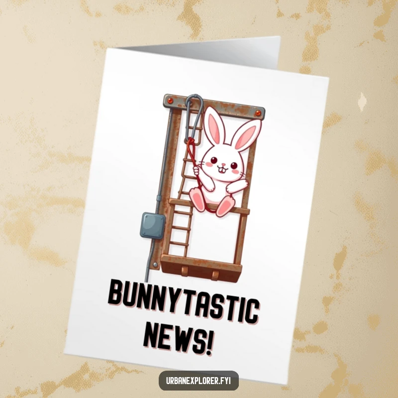 Funny Free Printable Congratulations Card: A kawaii bunny expertly rappels down a rusty fire escape, beaming.