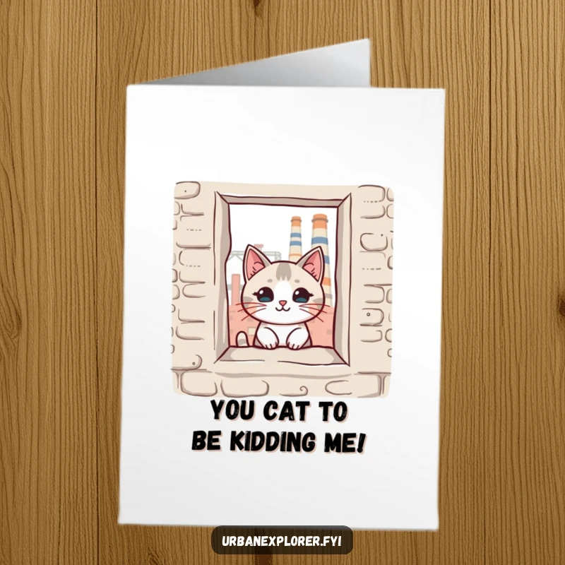 Funny Free Printable congratulations card: A kawaii cat peeking through a broken factory window, conveying congratulations with a playful vibe.