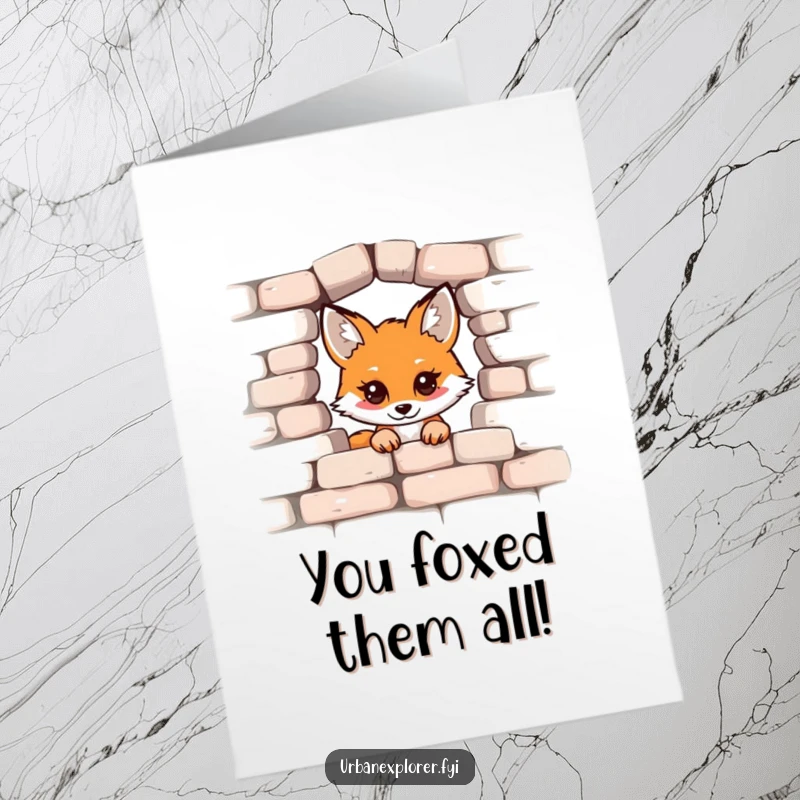 Funny Free Printable Congratulations Card: A curious kawaii fox peeks from behind a crumbling brick wall, celebrating.