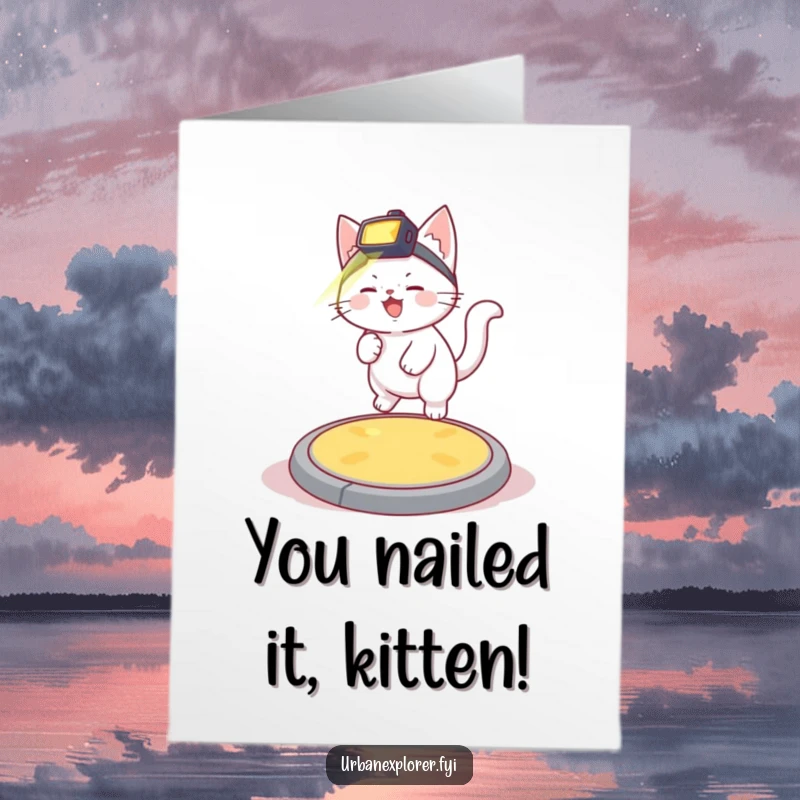 Funny Free Printable Congratulations Card featuring a giggling white kitten with a headlamp bouncing adventurously on a manhole cover.