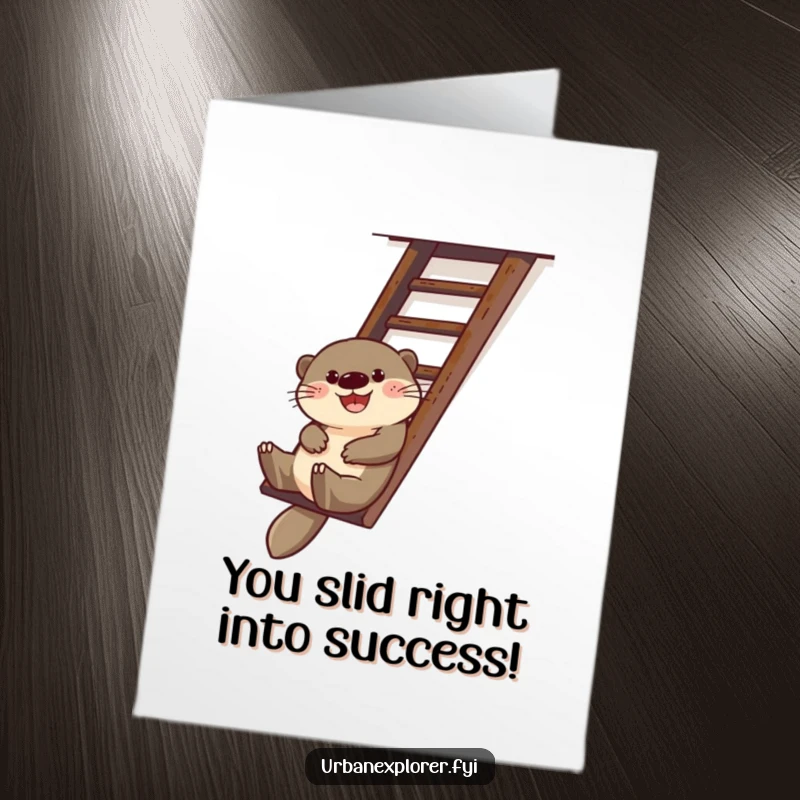 Funny free printable congratulations card showing a happy otter sliding down a fire escape ladder, celebrating success.