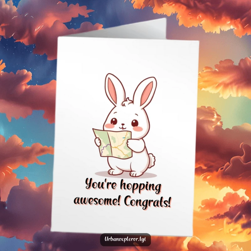 Funny Free Printable Congratulations Card: A tiny Kawaii rabbit excitedly points forward with a map, celebrating a journey to success.