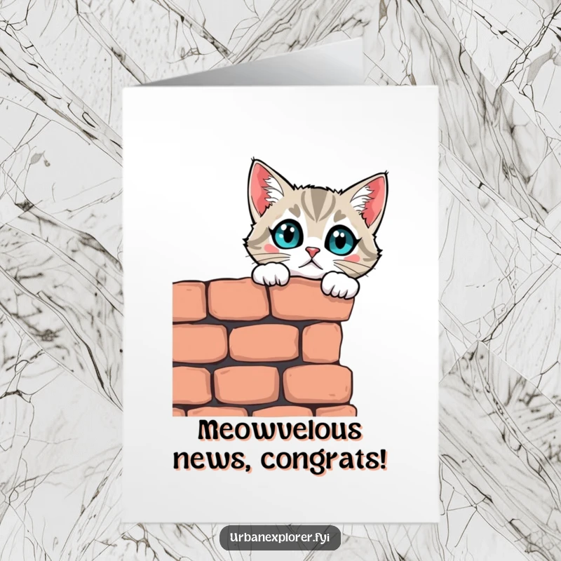 Funny Free Printable Congratulations Card: Curious cat peeking over a brick wall, eyes wide with wonder at their success.