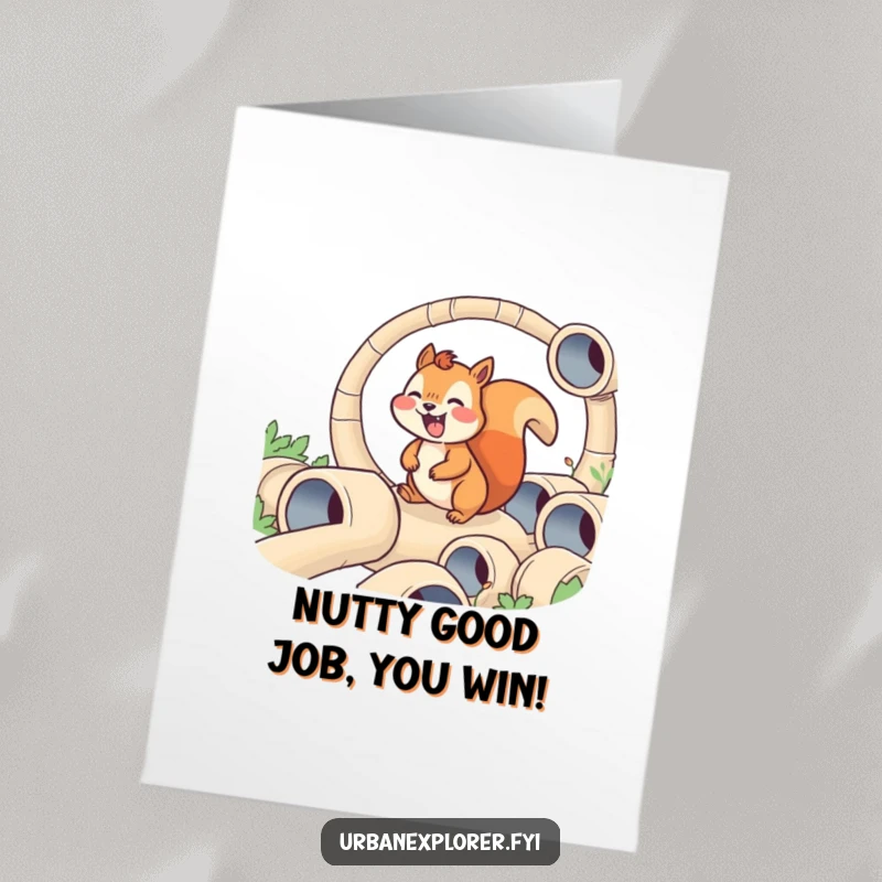 Funny Free Printable Congratulations Card: A joyful squirrel navigating a tiny maze of pipes, celebrating problem-solving, downloadable art.