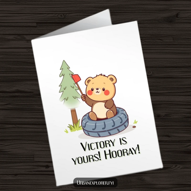 Free Printable Congrats Card: Round bear cub triumphantly planting a miniature flag on a discarded tire.
