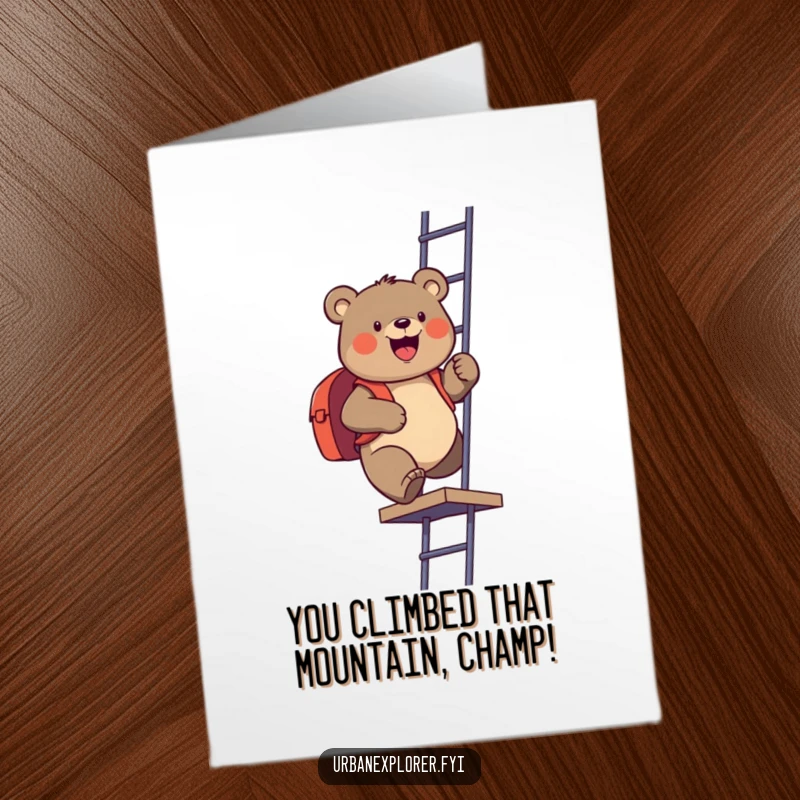 Funny Free Printable Congratulations Card: A gleeful bear heroically climbs a fire escape with a backpack, celebrating success, downloadable art.