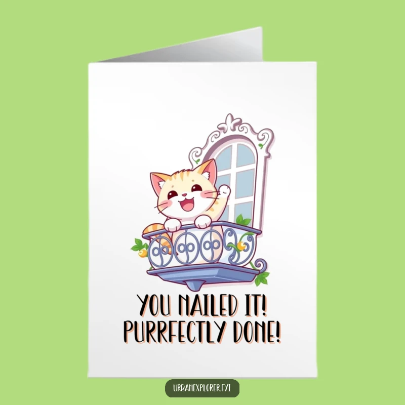 Free Printable Congratulations Card: Epic Cat Rappelling Victory Design