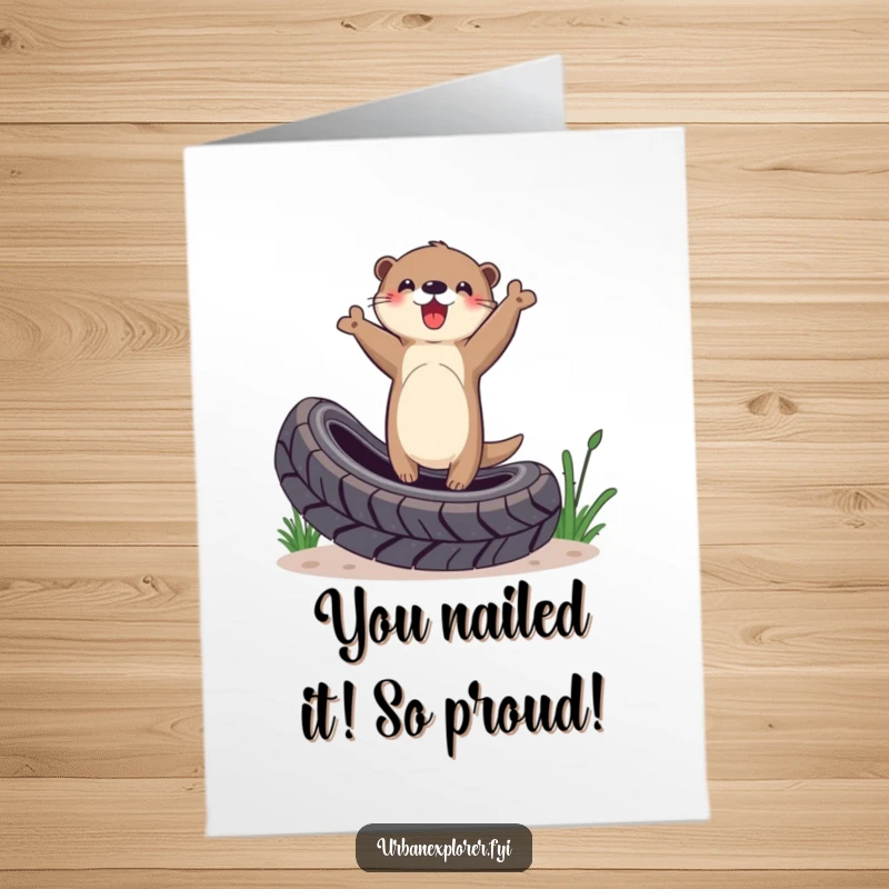 Funny Free Printable Congratulations Card: An otter balances on a tire with a triumphant gesture, celebrating a successful milestone.
