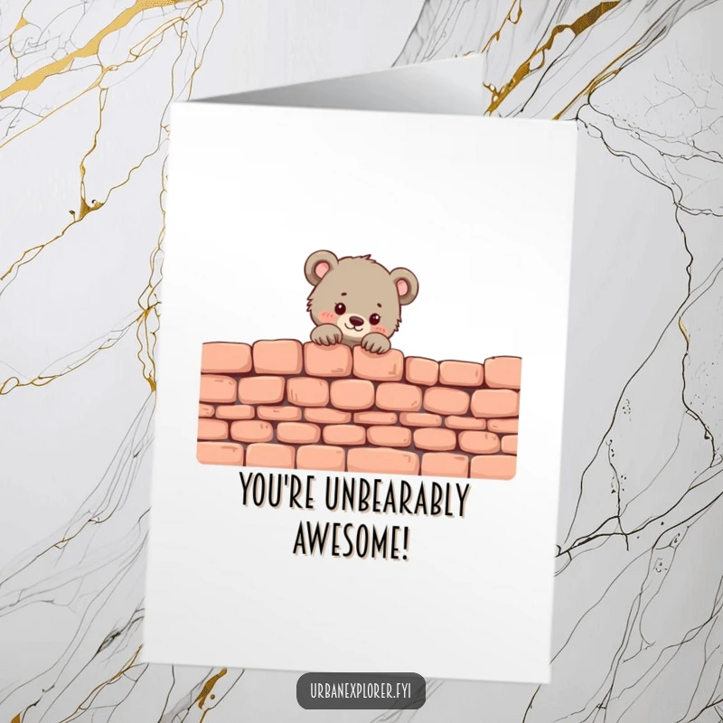 Funny free printable congratulations card with a tiny bear cub peeking over a brick wall, celebrating achievement.
