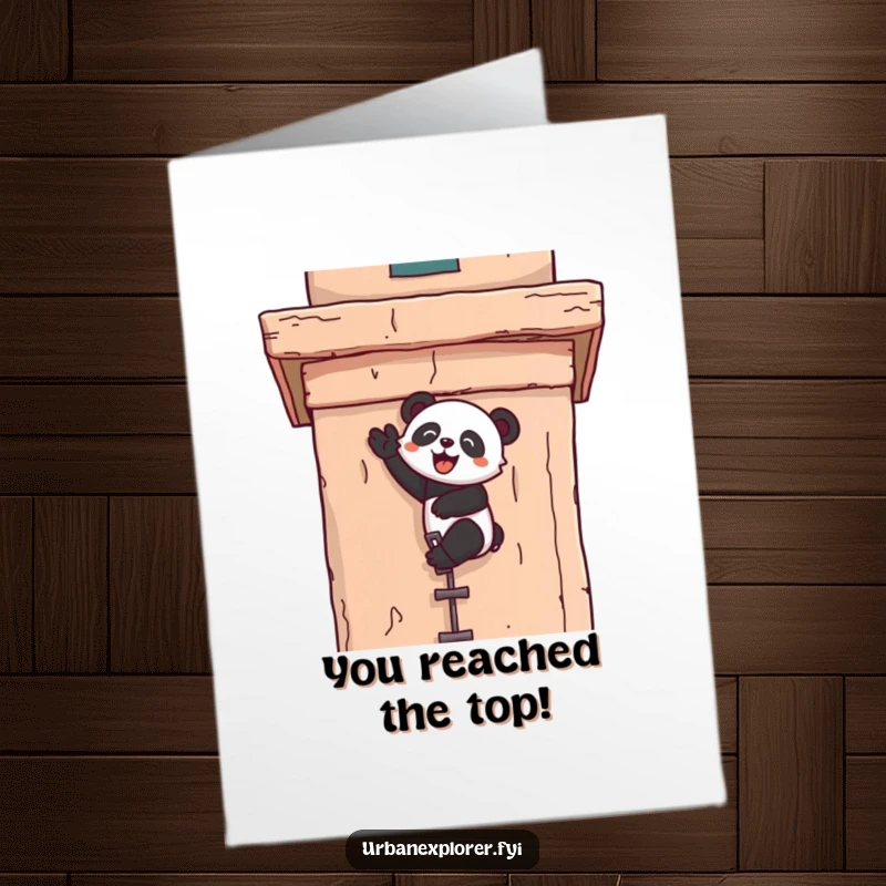 Funny Free Printable Congratulations Card: Kawaii panda joyfully scaling a tall, weathered building facade, signifying achievement.