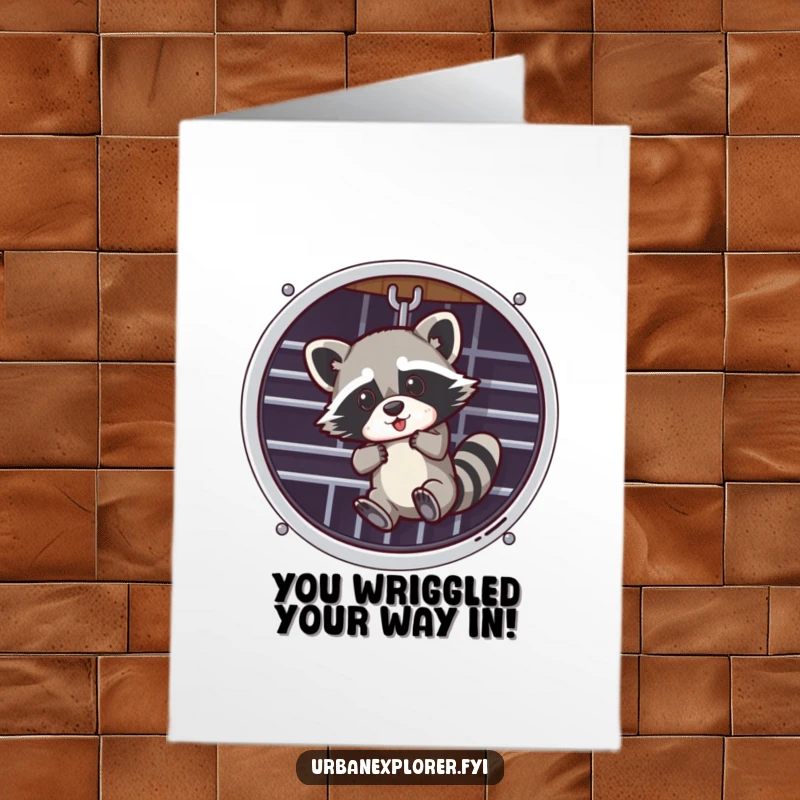 Funny Free Printable Congrats Card: Raccoon precariously dangling, celebrating a risky but successful feat. DIY downloadable.