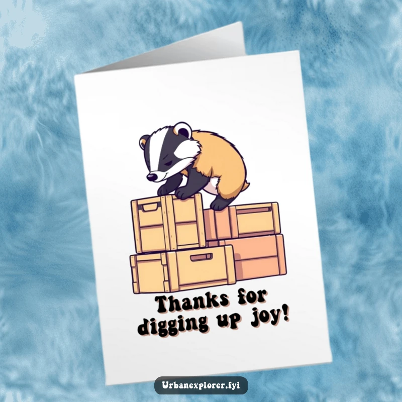 Funny Free Printable Badger Thank You Card: Determined badger climbs stacked crates, showing thanks.