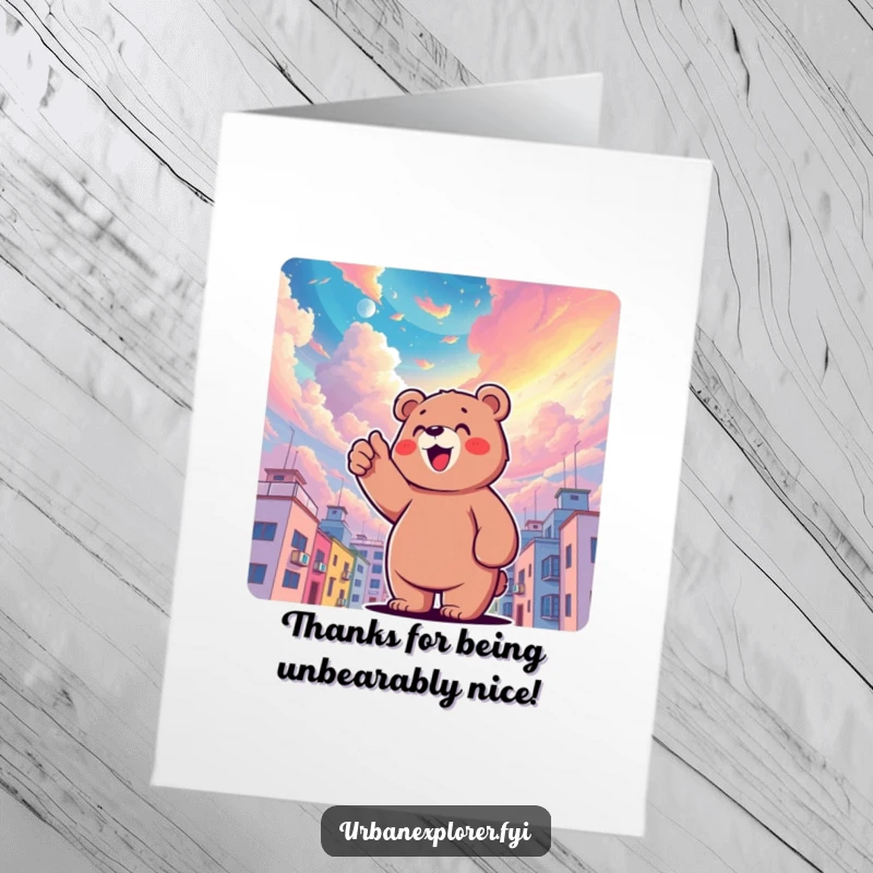 Funny Free Printable Bear Thank You Card: Delighted bear points up at surreal colorful sky above buildings, expressing thanks.