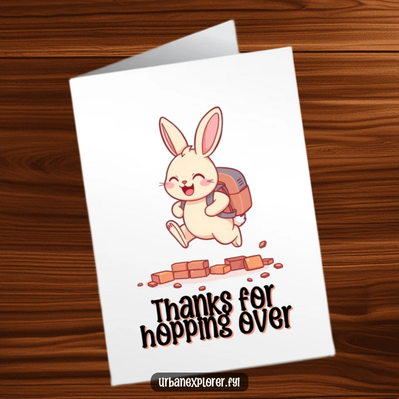 Funny Free Printable Thank You Card: Smiling bunny with backpack leaping over bricks, expressing thanks with playful energy.