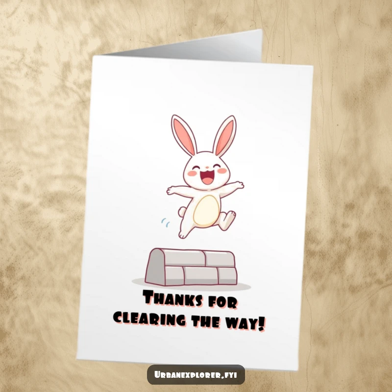 Funny Free Printable Thank You Card: Bunny leaps over an urban obstacle, expressing gratitude with a dynamic and cheerful gesture.