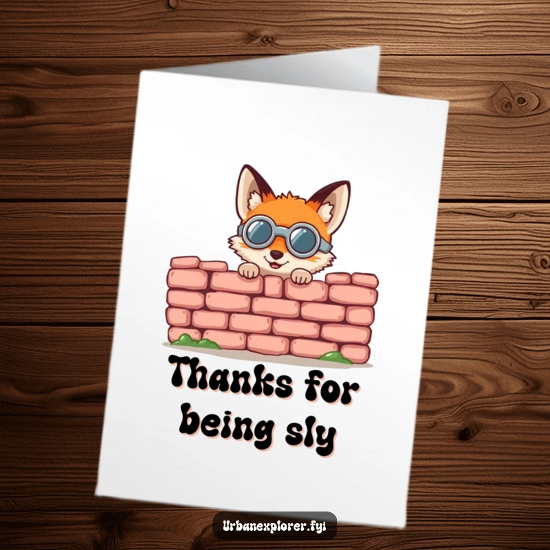Funny Free Printable Thank You Card: A small fox in goggles peeks gleefully from behind a wall, expressing thanks.