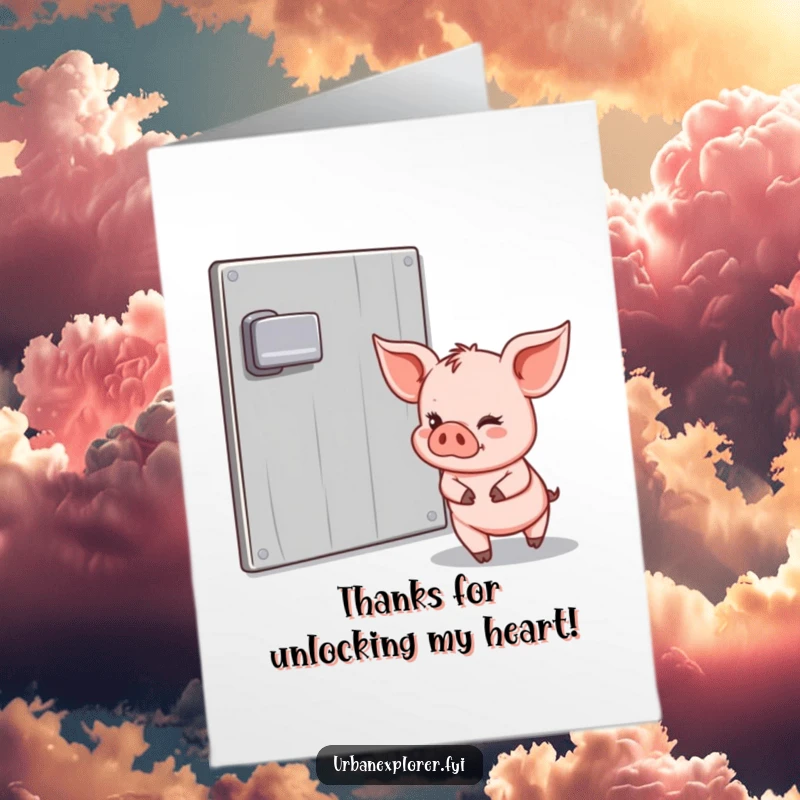 Funny Free Printable Thank You Card: A piglet with a sly wink tiptoes past a padlocked door, conveying thanks mysteriously.