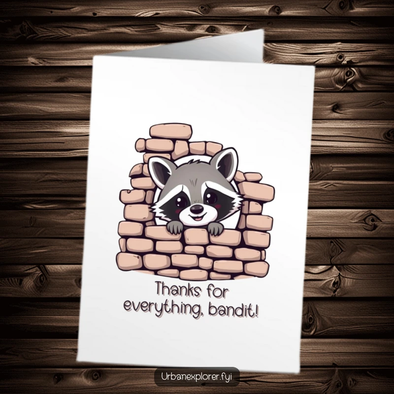 Funny Free Printable Thank You Card: Cheerful raccoon peeking from behind a crumbling brick wall, offering thanks with a grin.
