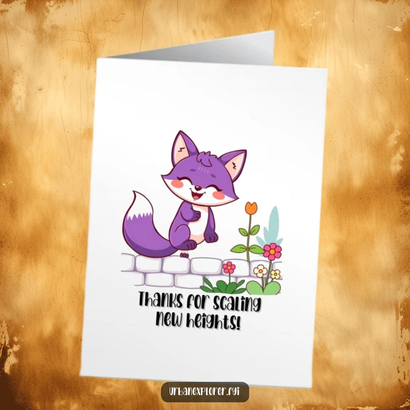 Funny Free Printable Thank You Card featuring a joyful purple fox determinedly scaling a garden wall, a unique way to say thanks.