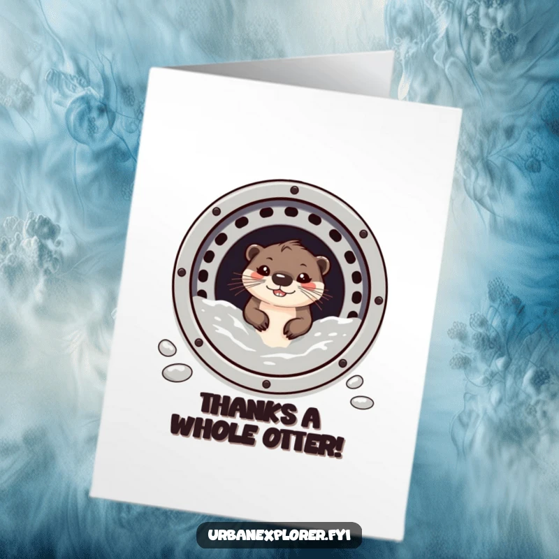 Funny Free Printable Thank You Card: A small otter peeks from a sewer grate with a wide, thankful grin.