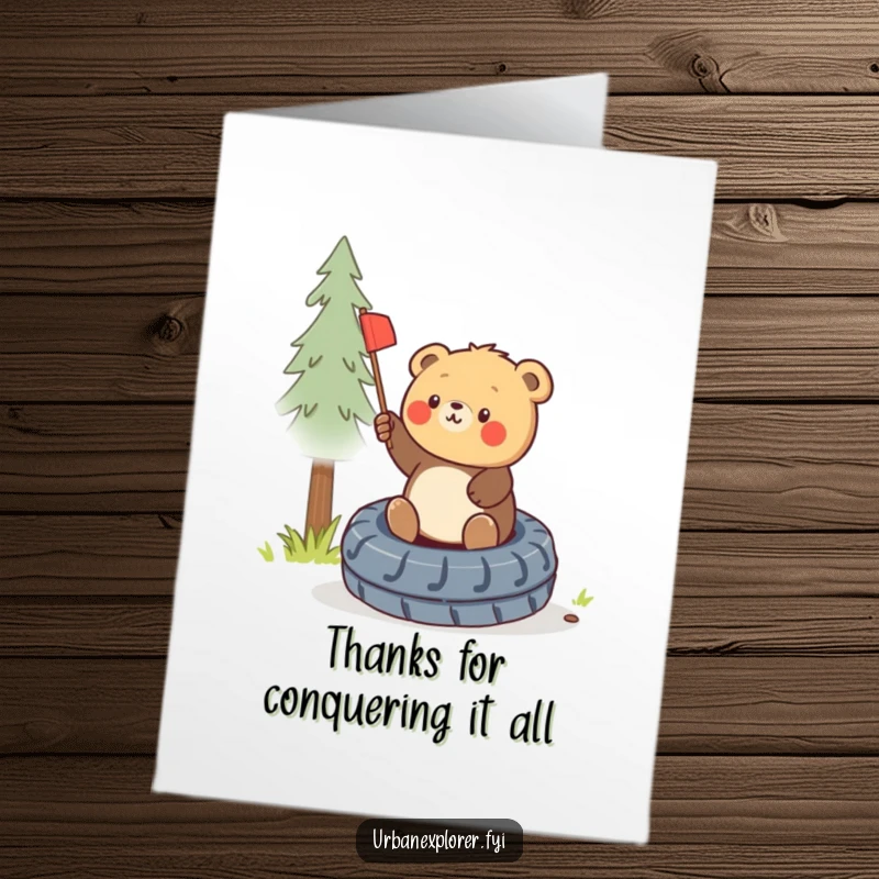 Free Printable Thank You Card: Round bear cub triumphantly planting a miniature flag, expressing thanks.