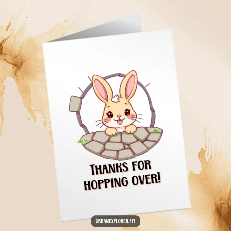Funny Free Printable Thank You Card: A cheerful bunny peeks through a pavement grate, offering a heartfelt thank you.