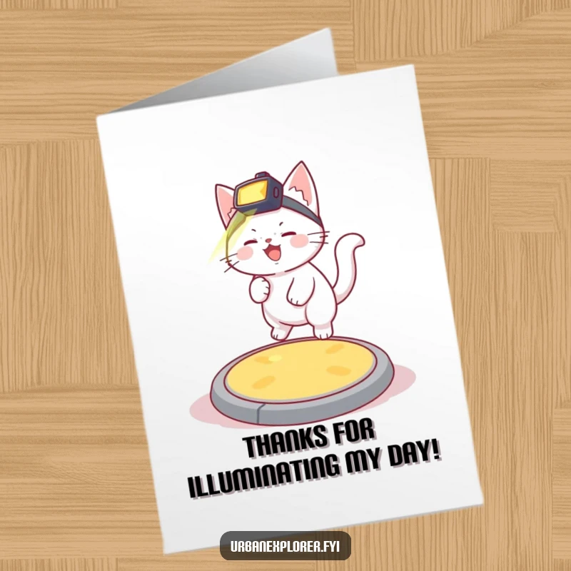 Funny Free Printable Thank You Card showing a giggling white kitten with a headlamp, playfully bouncing on a manhole cover to say thanks.