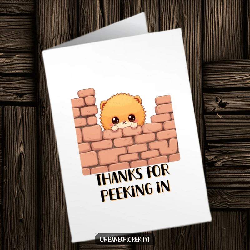 Funny Free Printable Thank You Card: Small orange fluffy creature with big eyes peeking from wall. A sweet and downloadable thank you.