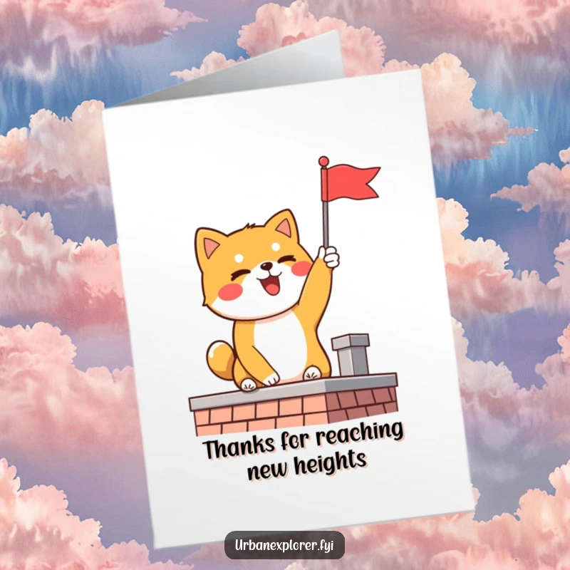 Funny Free Printable thank you card featuring a delighted Shiba Inu planting a flag on a rooftop, signifying gratitude.