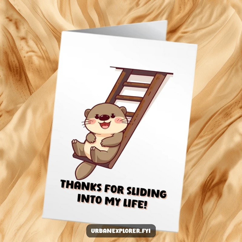Funny free printable thank you card with a happy otter sliding down a fire escape ladder, expressing thanks.